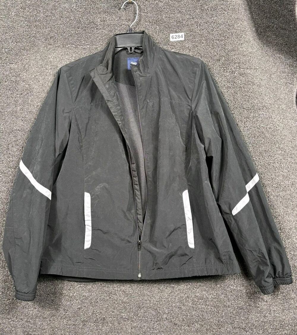 Gap Jacket Womens Sz Large Black Reflective Windbreaker Lightweight Zip Pockets
